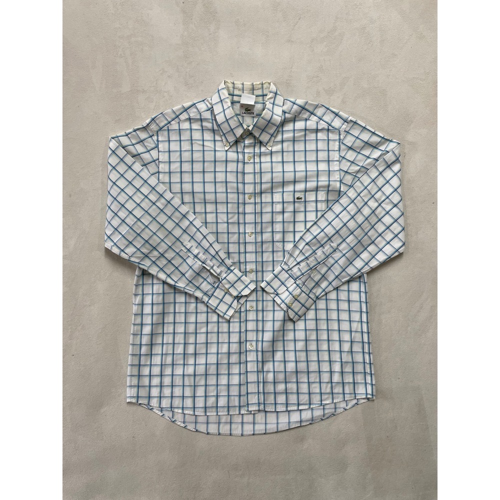 Lacoste Mens 42 Windowpane Check Button Down Shirt White Blue Made in France